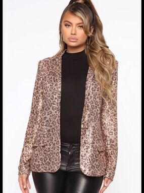 Fashion Nova Sequin Leopard Blazer Jacket with gold buttons size small